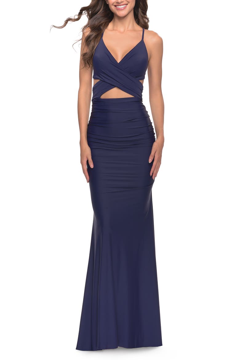 Cut Out Long Soft Jersey Dress with Criss Cross Bodice, Main, color, Navy