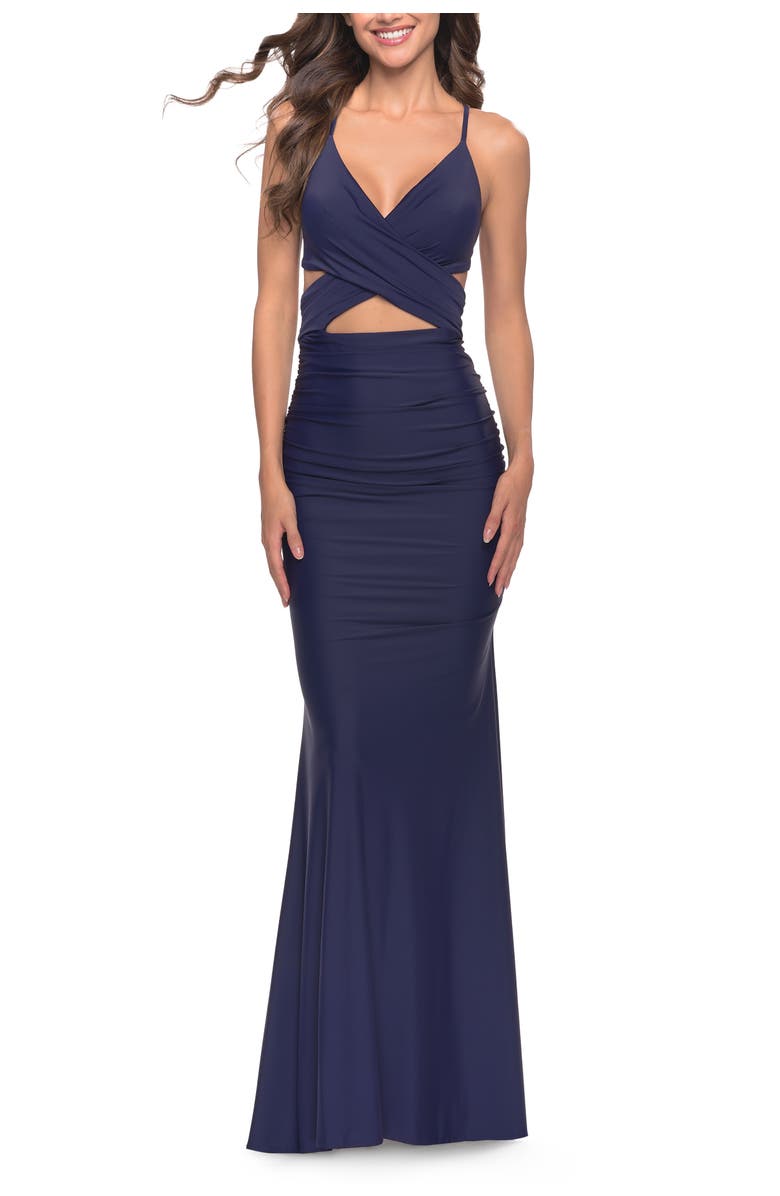 La Femme Cut Out Long Soft Jersey Dress with Criss Cross Bodice, Main, color, Navy