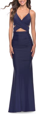 La Femme Cut Out Long Soft Jersey Dress with Criss Cross Bodice