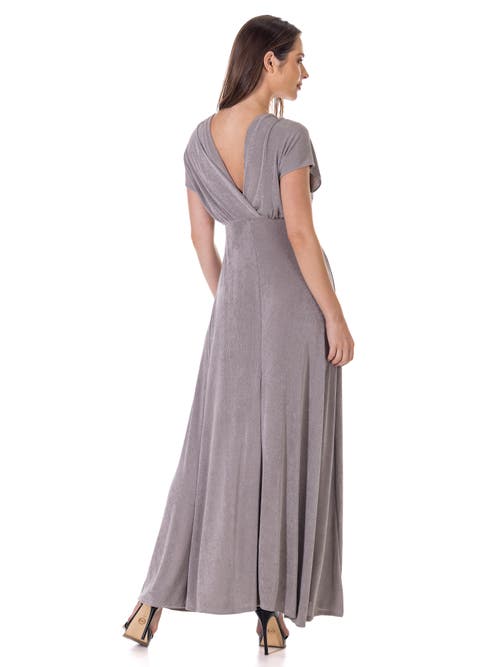 24seven Comfort Apparel Womens Flutter Sleeve Metallic Knit Maxi Dress Front Slit Empire Waist In Gray
