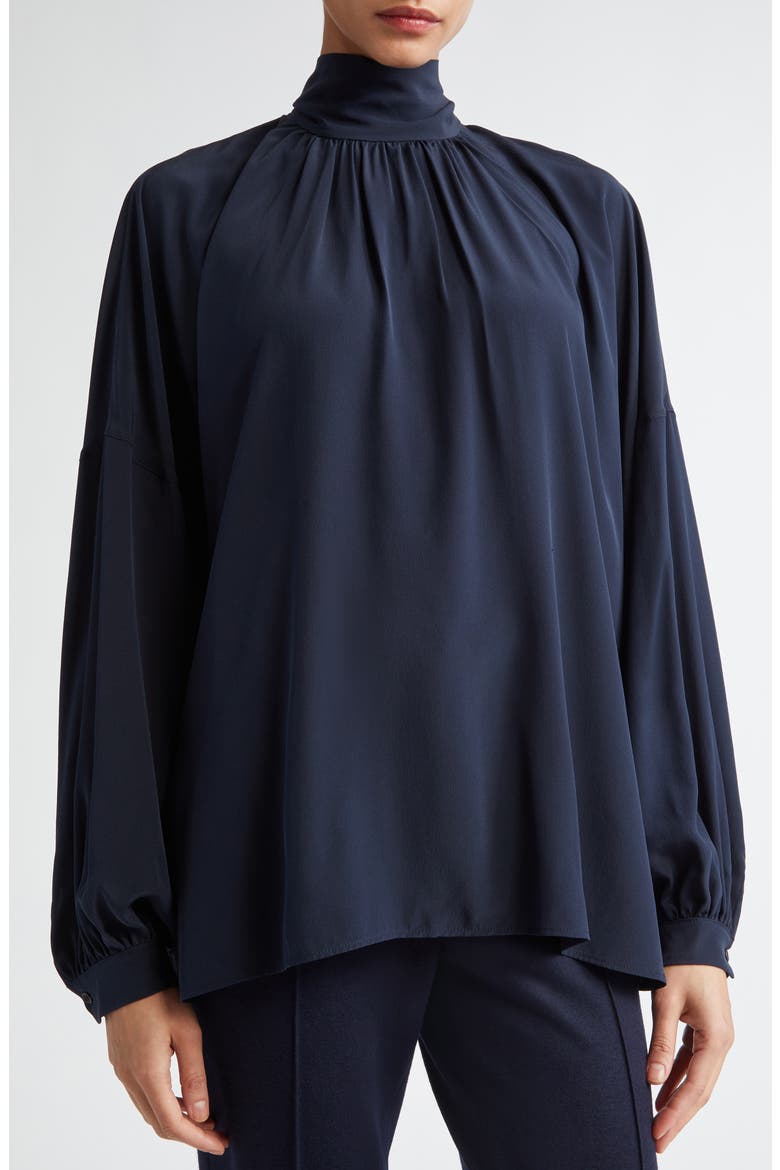 Mock Neck Silk Crêpe de Chine Shirt, Alternate, color, NAVY