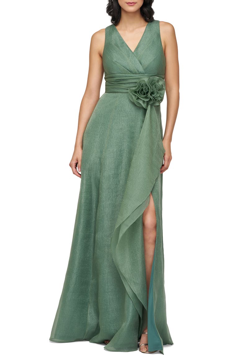 Della Rosette Detail Sleeveless Organza Gown, Main, color, MALLARD