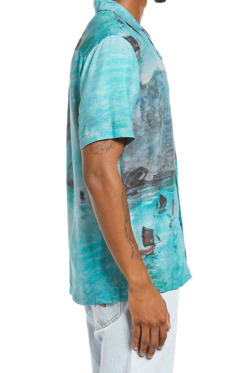 Topman Monet Boat Print Short Sleeve Button-Up Shirt, Alternate, color, 