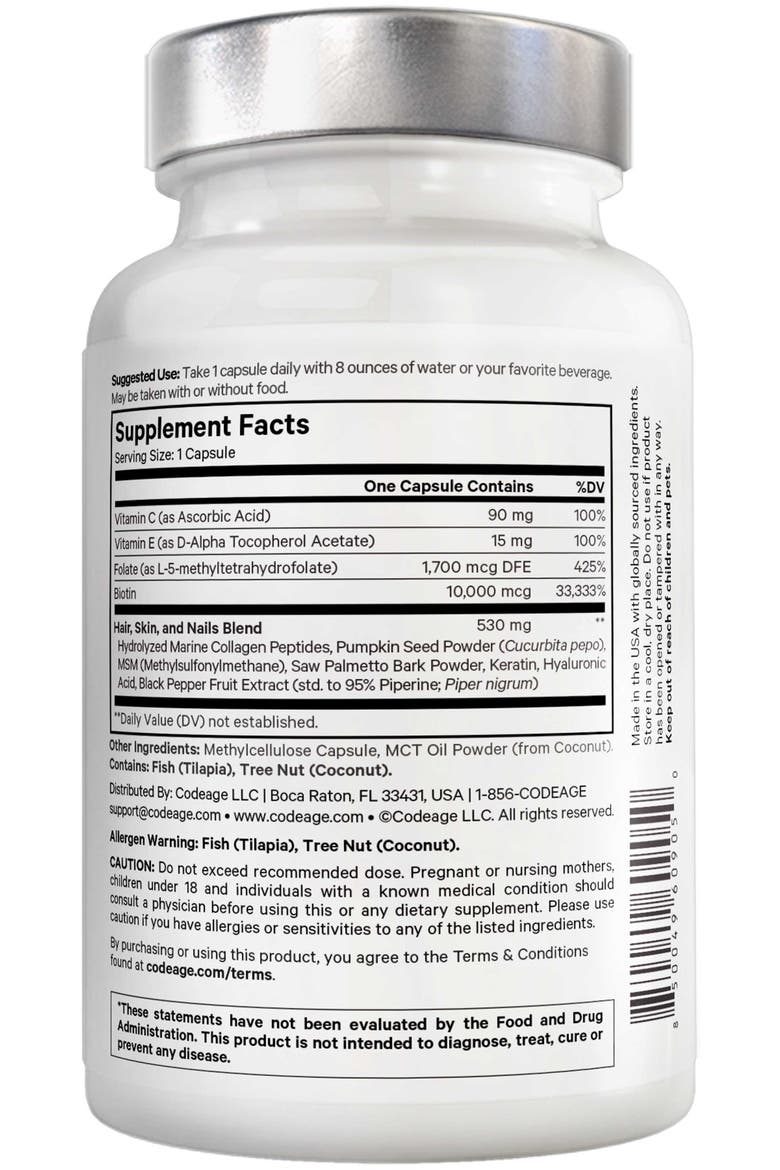 Amen Biotin Collagen Peptides + Vitamins C, E & Keratin, Alternate, color, White