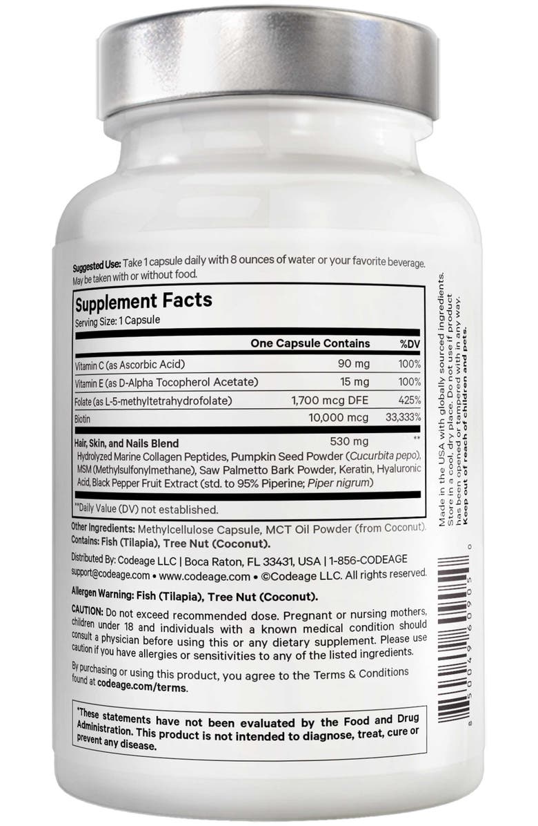 Codeage Amen Biotin Collagen Peptides + Vitamins C, E & Keratin, Alternate, color, White