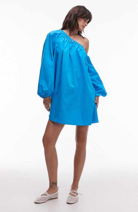 Topshop One-Shoulder Long Sleeve Trapeze Cotton Poplin Minidress