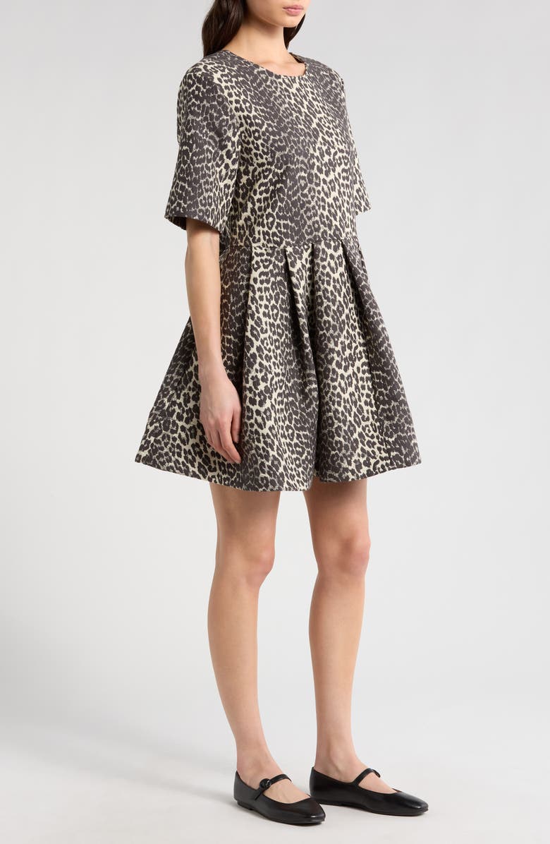 Ganni Leopard Jacquard Organic Cotton Skater Dress, Alternate, color, Leopard