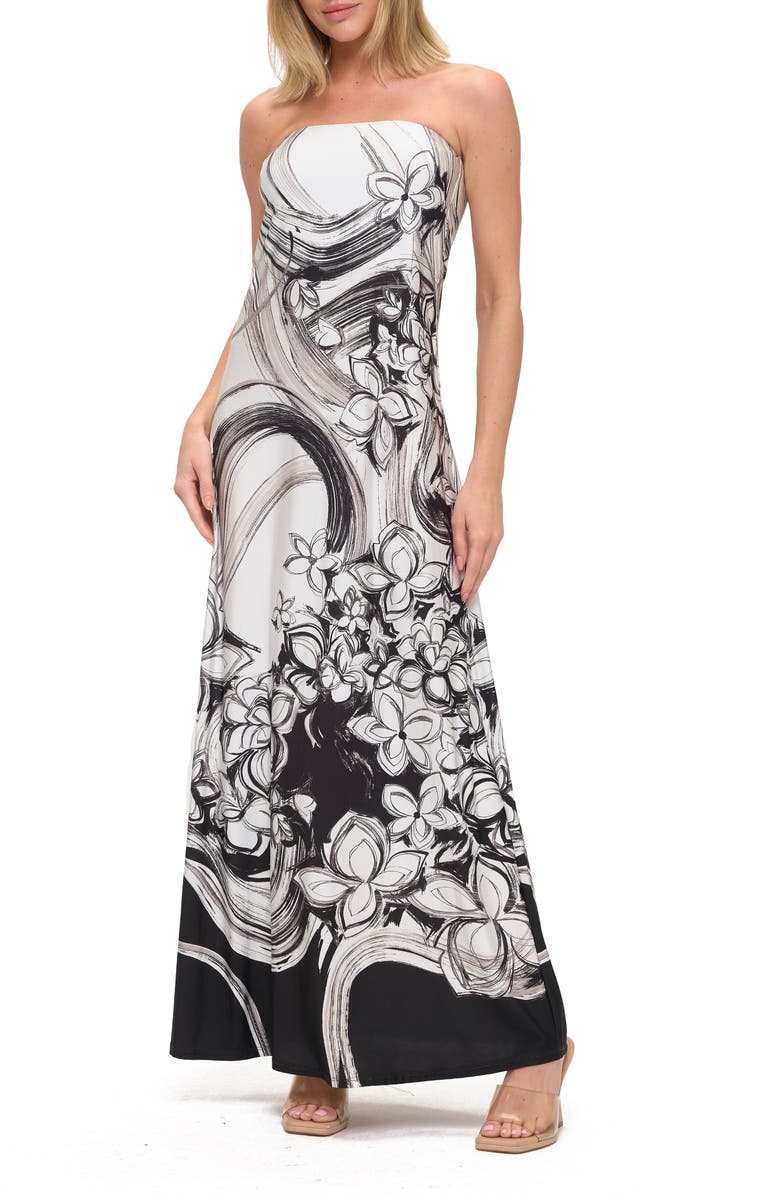 O.L. Printed Strapless Maxi Dress, Main, color, Black/ White Floral