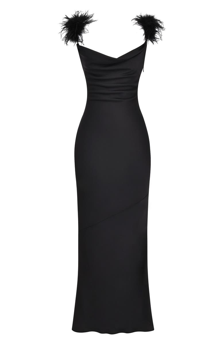 HOUSE OF CB Tabitha Feather Trim Matte Satin Sheath Gown, Alternate, color, 