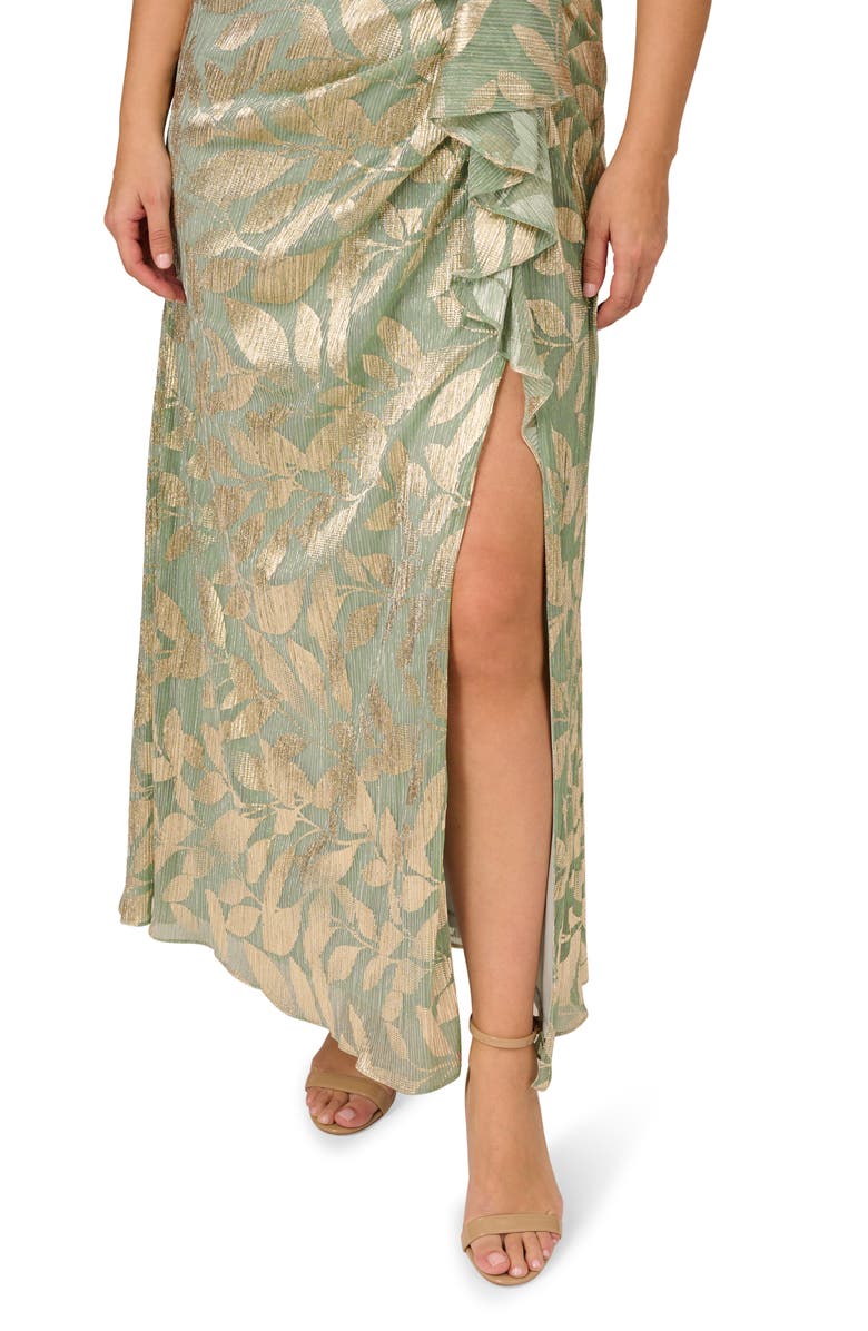 Adrianna Papell Asymmetric Metallic Foil Leaf Gown, Alternate, color, Sage/ Gold