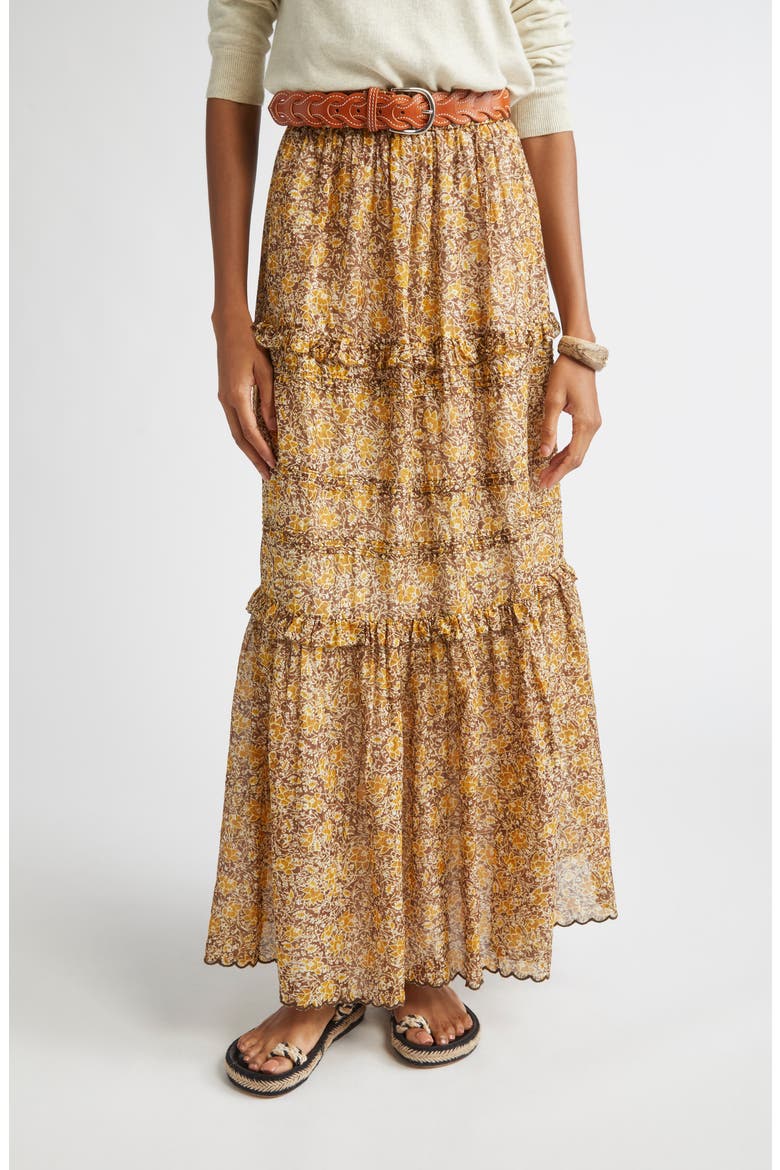 Volomia Mixed Print Tiered Cotton Maxi Skirt, Main, color, BROWN/ KHAKI/ YELLOW