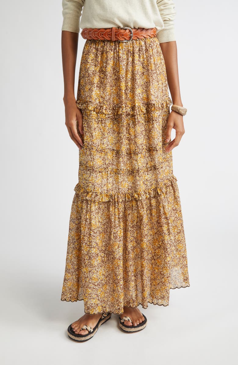 Isabel Marant Étoile Volomia Mixed Print Tiered Cotton Maxi Skirt, Main, color, Brown/ Khaki/ Yellow