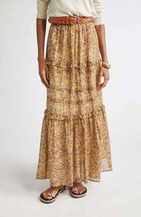 Volomia Mixed Print Tiered Cotton Maxi Skirt