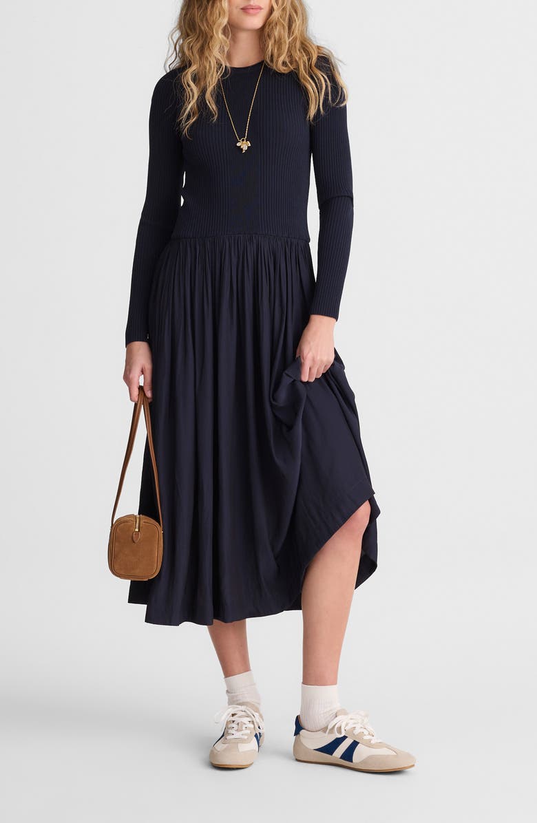 Madewell Rib Mixed Media Long Sleeve Midi Dress, Main, color, Classic Navy