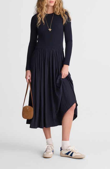 Rib Mixed Media Long Sleeve Midi Dress