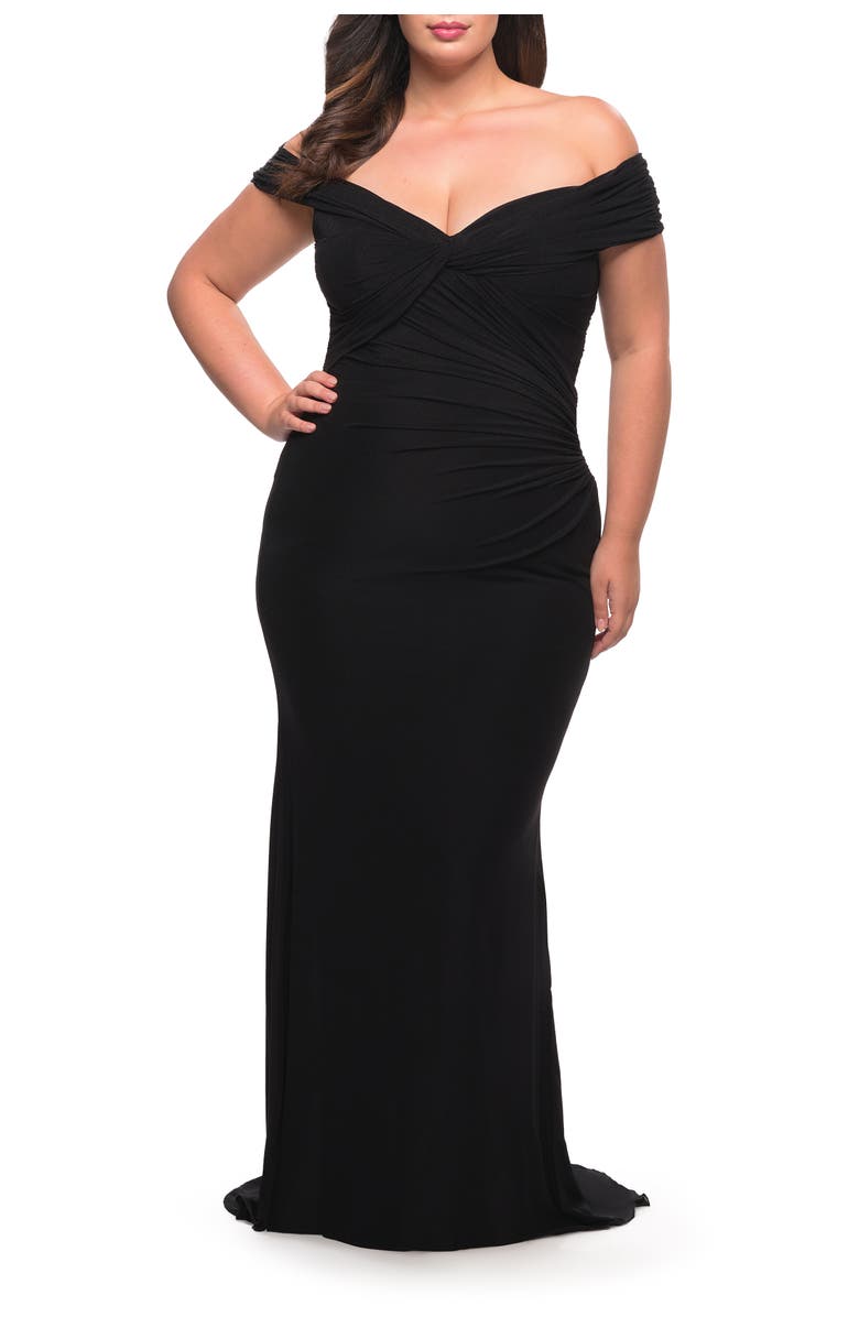 La Femme Long Net Jersey Plus Dress with Bodice Design, Alternate, color, Black