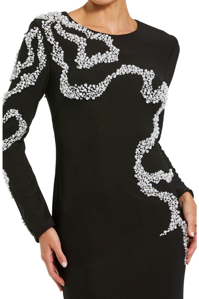 Petite Jersey Long Sleeve Beaded Column Gown, Alternate, color, Black