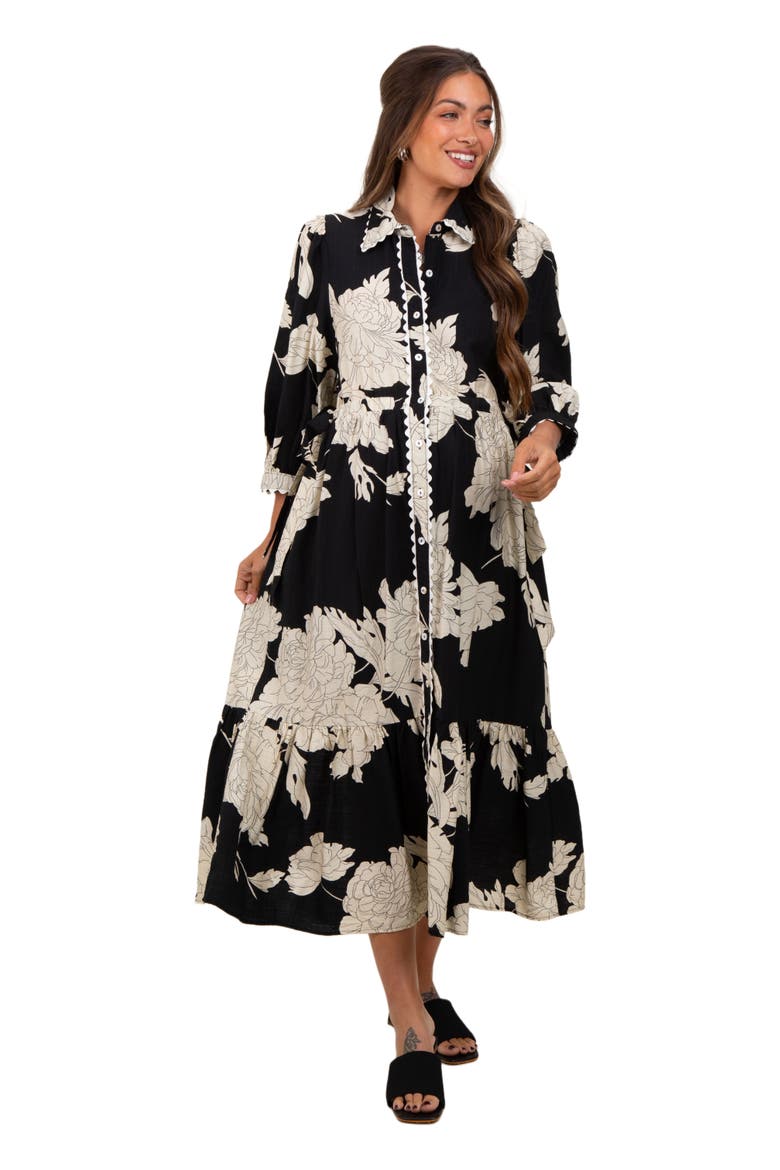 Floral Print Cinched Tie Waist Shirt Dress, Main, color, Black