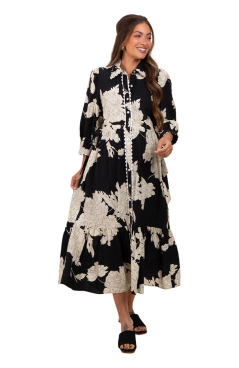 Floral Print Cinched Tie Waist Shirt Dress