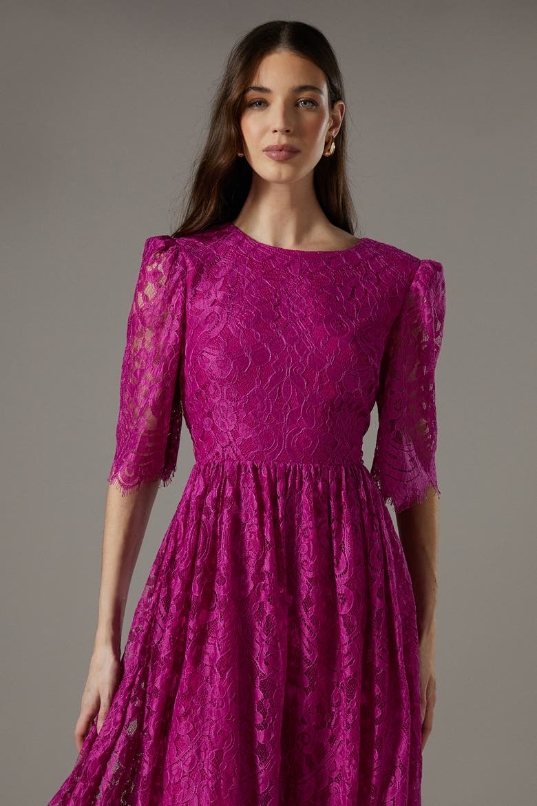 Lace Short Sleeve Midi Dress, Alternate, color, Magenta