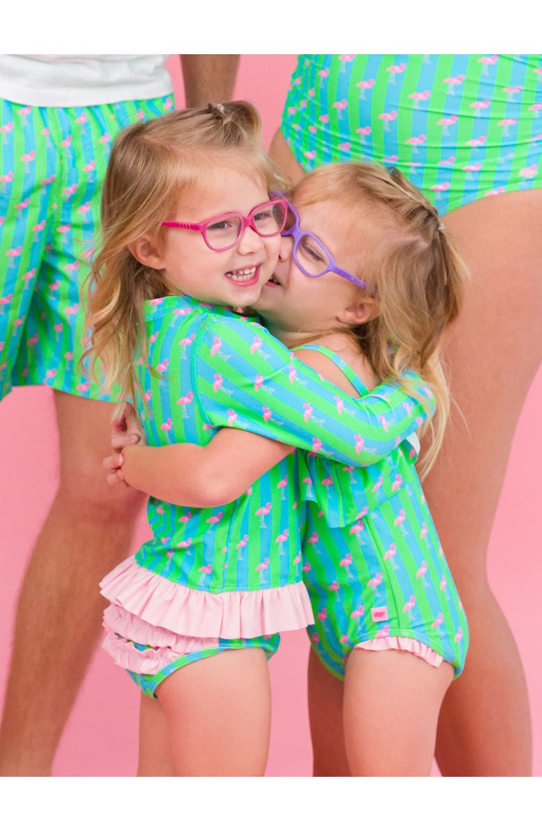 RuffleButts Girls UPF50+ Long Sleeve Rash Guard Bikini, Alternate, color, Neon Flamingo Stripe