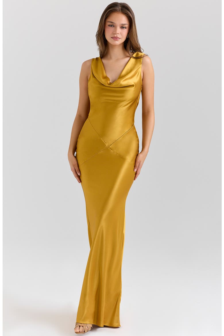 Safaira Cowl Neck Satin Gown, Alternate, color, AMBER