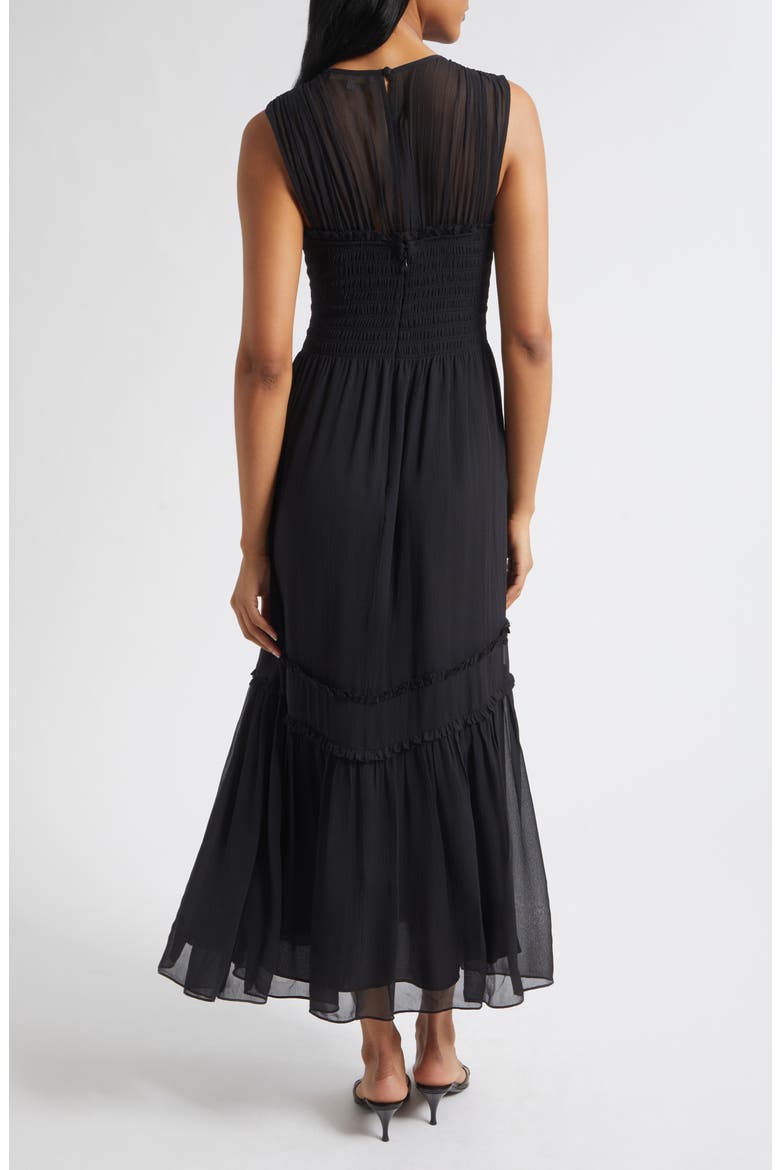 Mila Smocked Silk Midi Dress, Alternate, color, BLACK