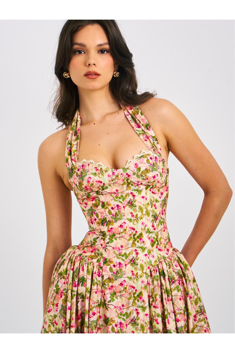 Niya Floral Print Linen Halter Corset Maxi Dress, Alternate, color, Floral print