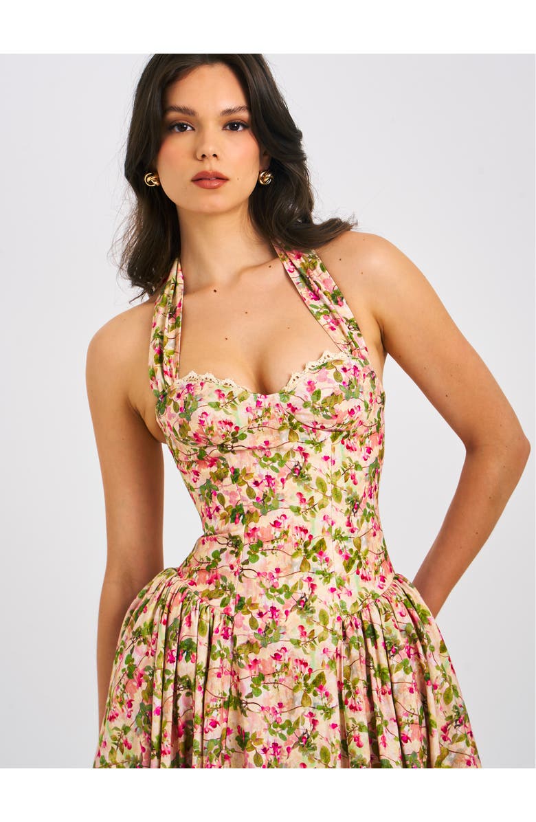 Miss Circle Niya Floral Print Linen Halter Corset Maxi Dress, Alternate, color, Floral Print