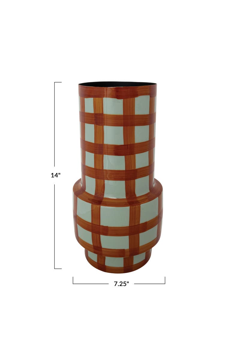 Grid Pattern Enameled Iron Vase, Alternate, color, Light Blue and Rust Color