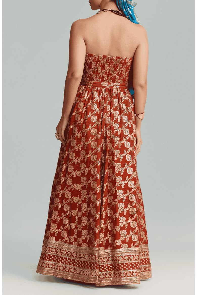 Amber Metallic Embroidery Strapless Gown, Alternate, color, RUST