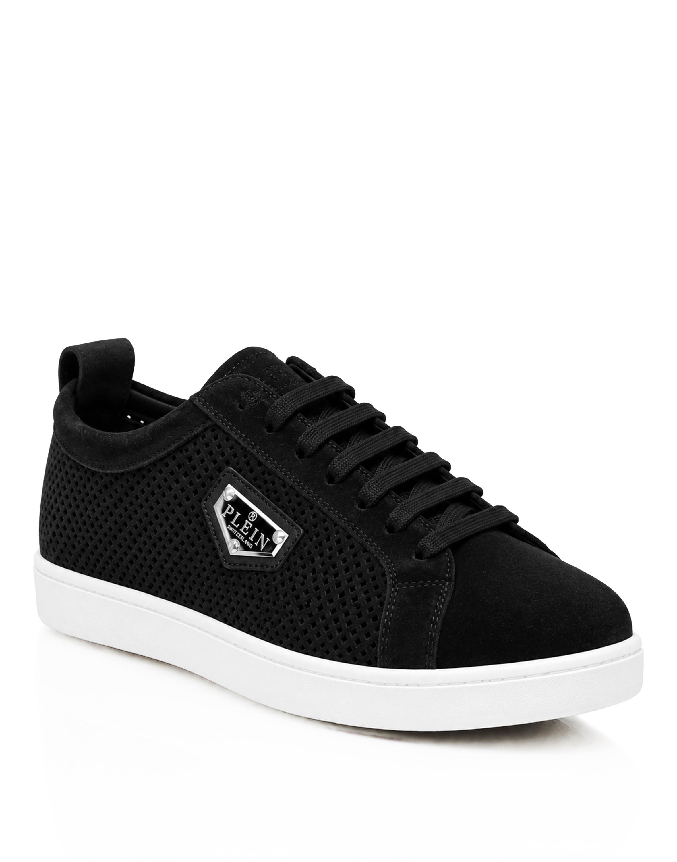 Perforated Suede Low-Top Sneakers Men, Main, color, black