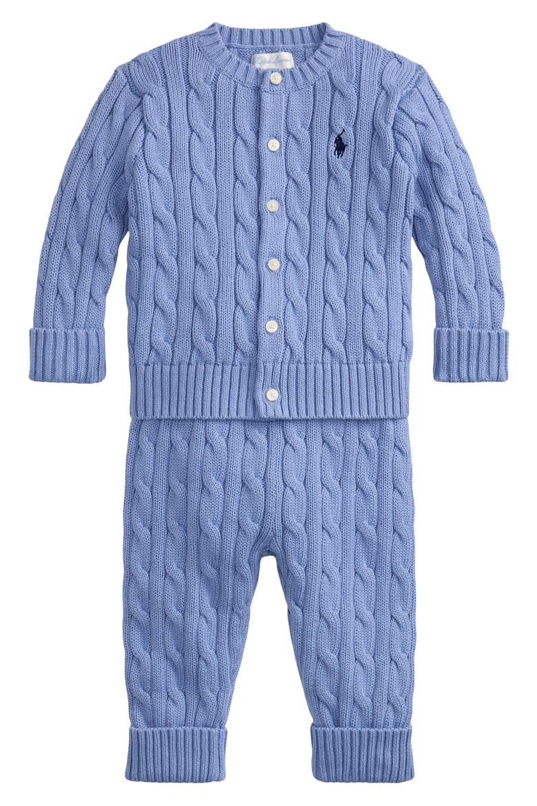 Cable Knit Cotton Cardigan & Pants Set, Main, color, CAMPUS BLUE