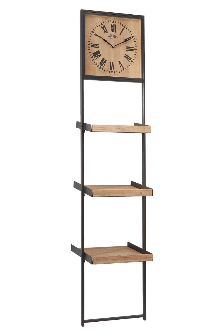 Brown Wood Traditional Wall Shelf with Clock, Main, color, BROWN