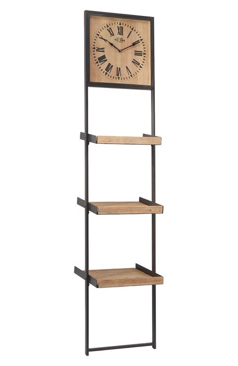 Brown Wood Traditional Wall Shelf with Clock