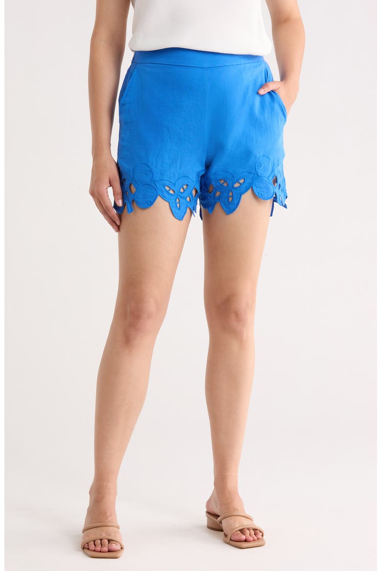Embroidered Hem Linen Blend Shorts, Main, color, BLUE BLISS