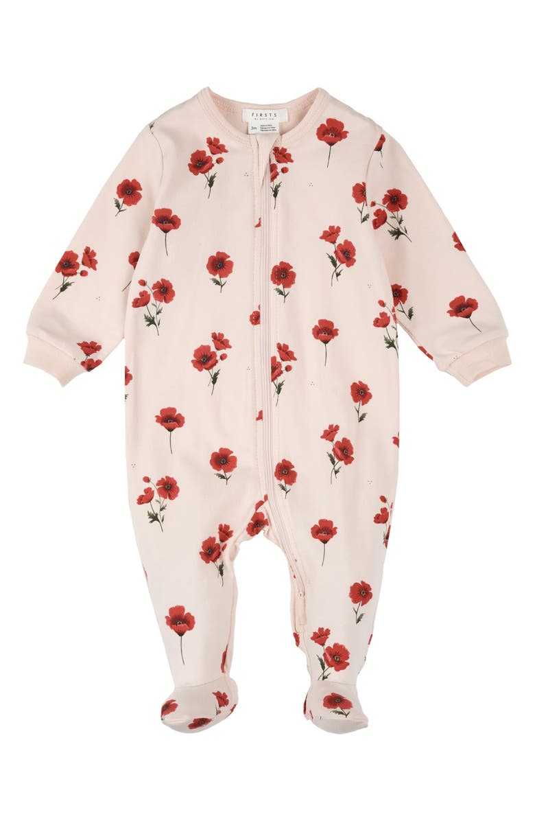 FIRSTS by Petit Lem Poppy Print Footed Stretch Cotton One-Piece Pajamas, Main, color, Light Pink