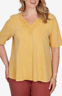 Embroidered Split Neck Slub Top