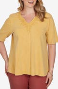 RUBY RD Embroidered Split Neck Slub Top