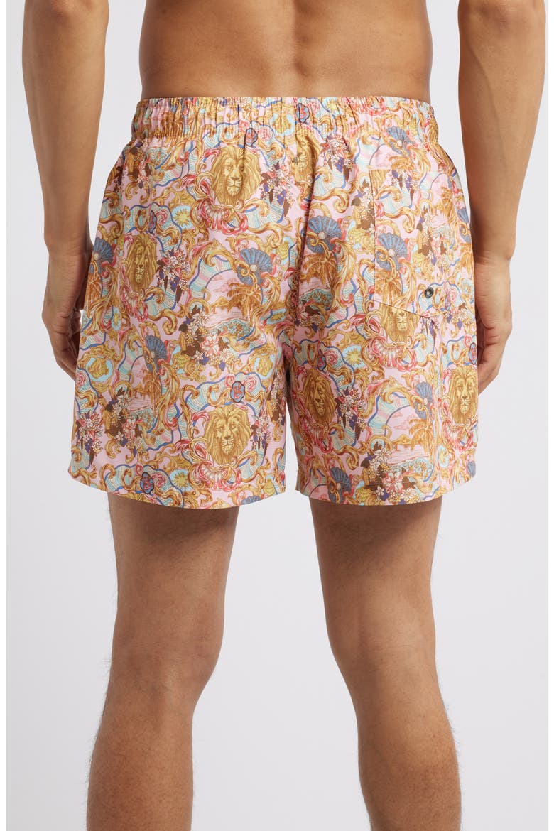 Leo Lion Print Premium Mid Length Swim Trunks, Alternate, color, PINK