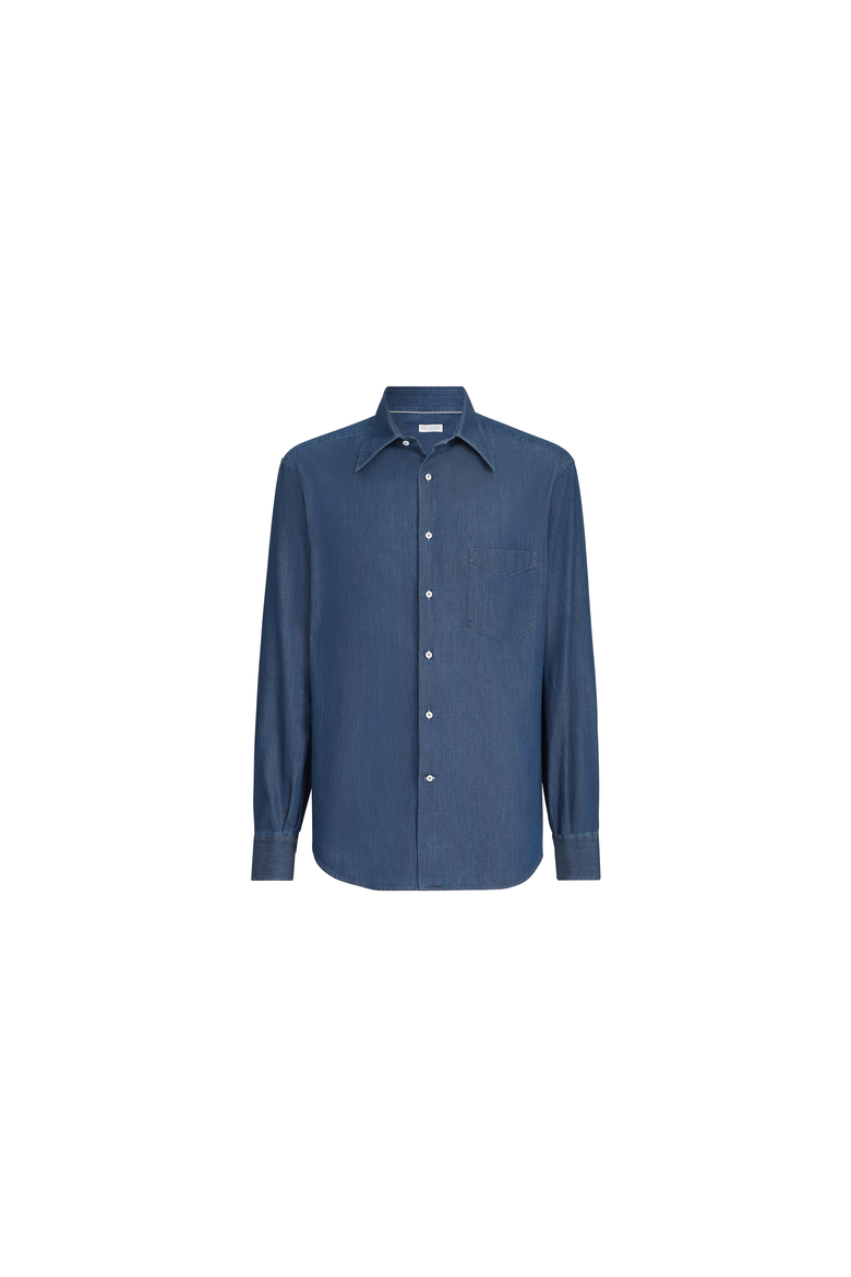 Lightweight denim shirt with Italian collar and chest pocket, Alternate, color, Dark Denim