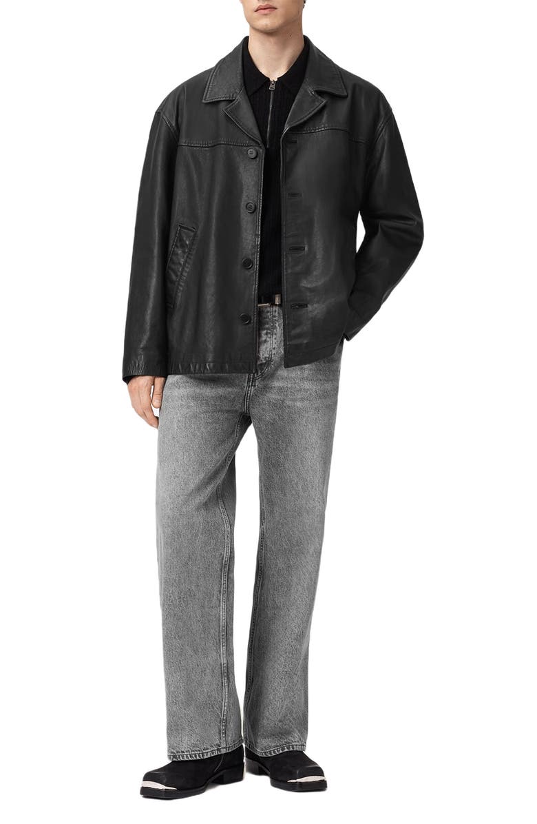 AllSaints Bradwell Boxy Leather Coat, Alternate, color, Black