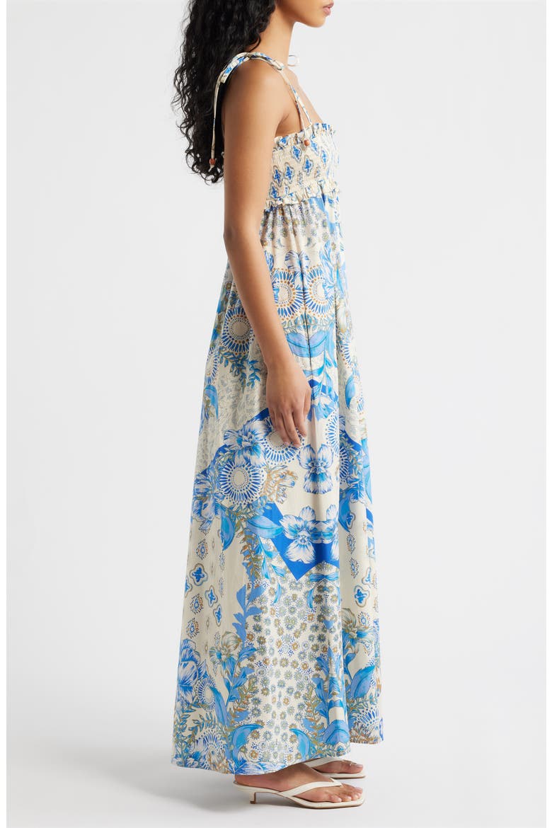 Print Smocked Bodice Tie Shoulder Maxi Dress, Alternate, color, WHITE/ BLUE