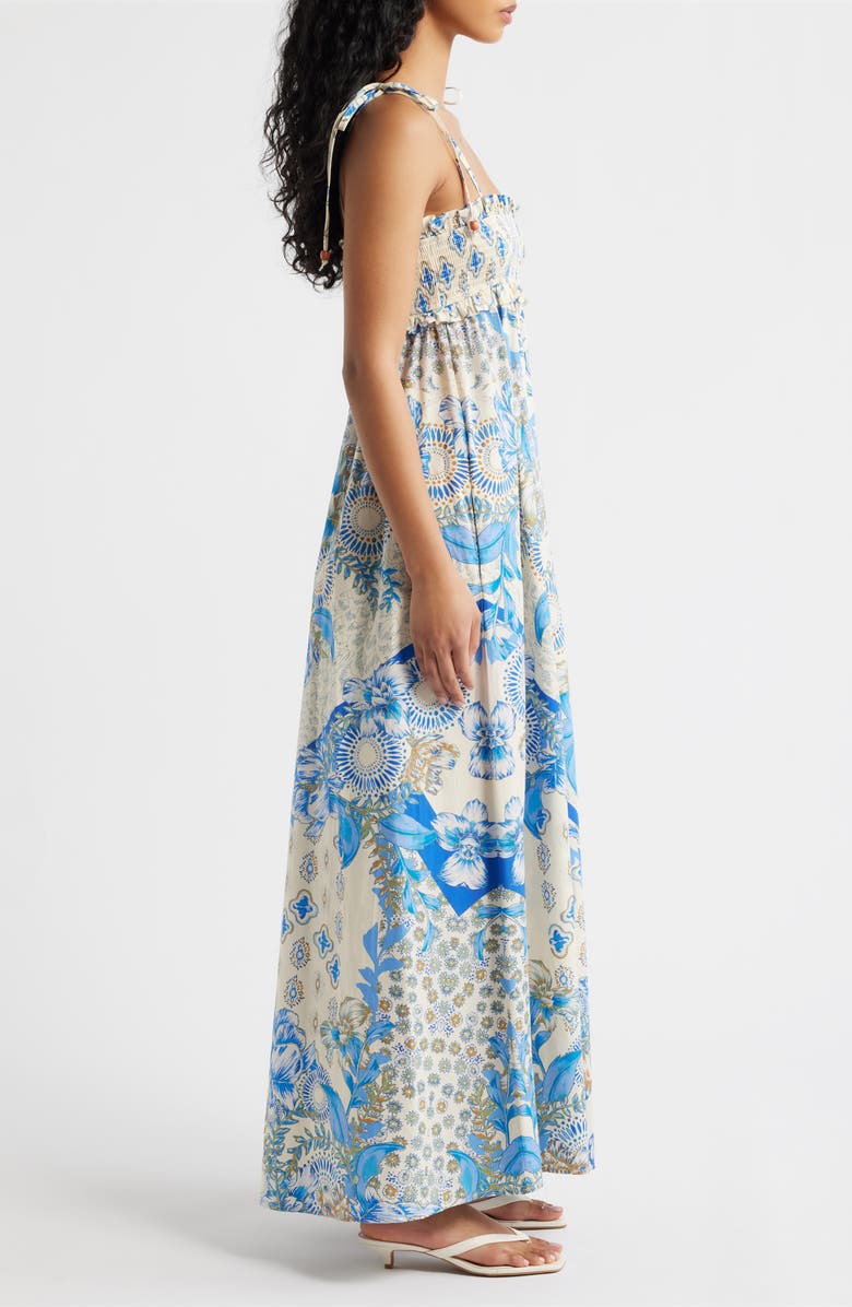 FLYING TOMATO Print Smocked Bodice Tie Shoulder Maxi Dress, Alternate, color, White/ Blue