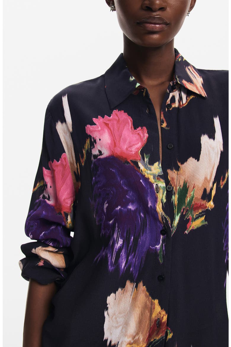 Nagoya Print Ruched Button-Up Shirt, Alternate, color, BLACK