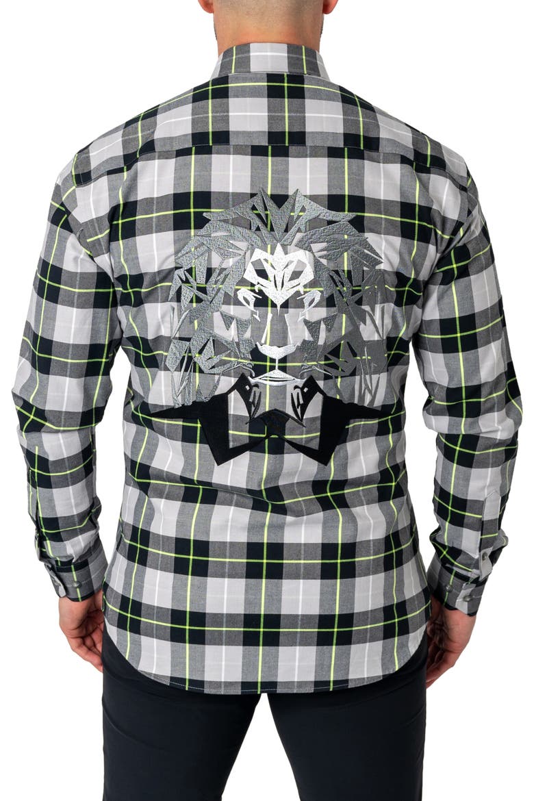 Plaid Embroidered Cotton Flannel Button-Up Shirt, Alternate, color, BLACK