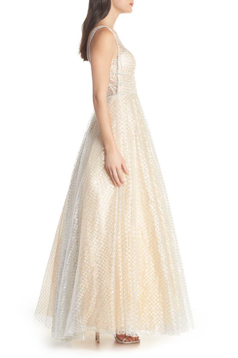 Sequin Illusion Neck A-Line Gown, Alternate, color, NUDE/ SILVER