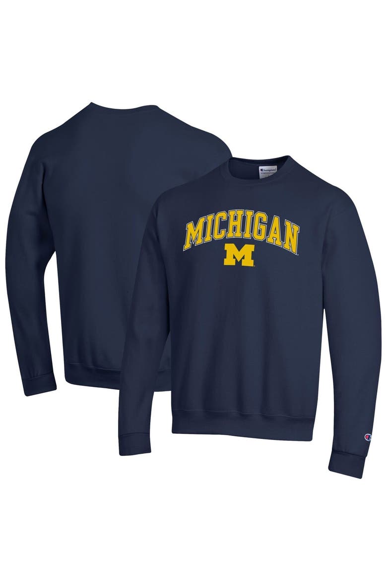 Men's Champion  Navy Michigan Wolverines Arch Over Logo Pullover Sweatshirt, Alternate, color, Navy