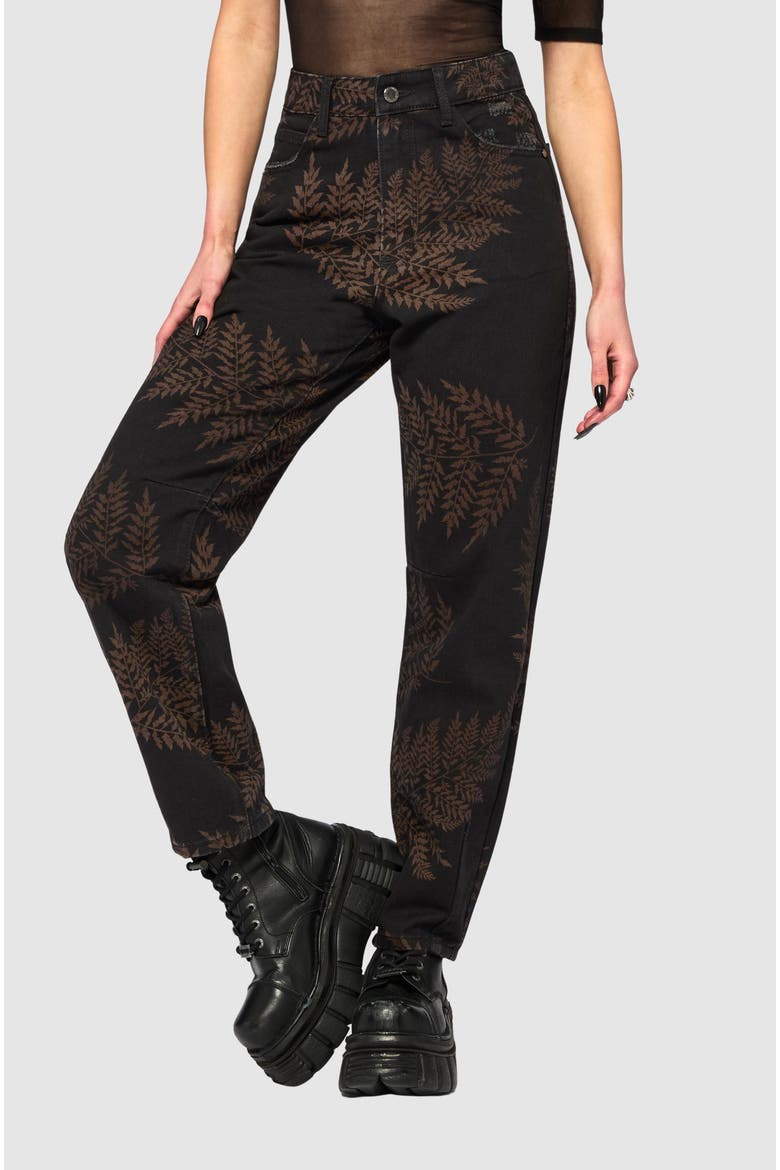 Ruin Fern Printed Barrel Leg Denim Jeans, Main, color, Black