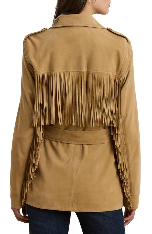 Ralph Lauren Fringe-trim Belted Goat-suede Jacket In Brown